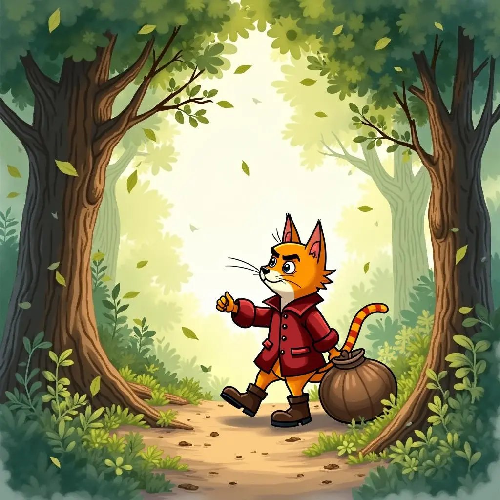 猫带着袋子走向森林