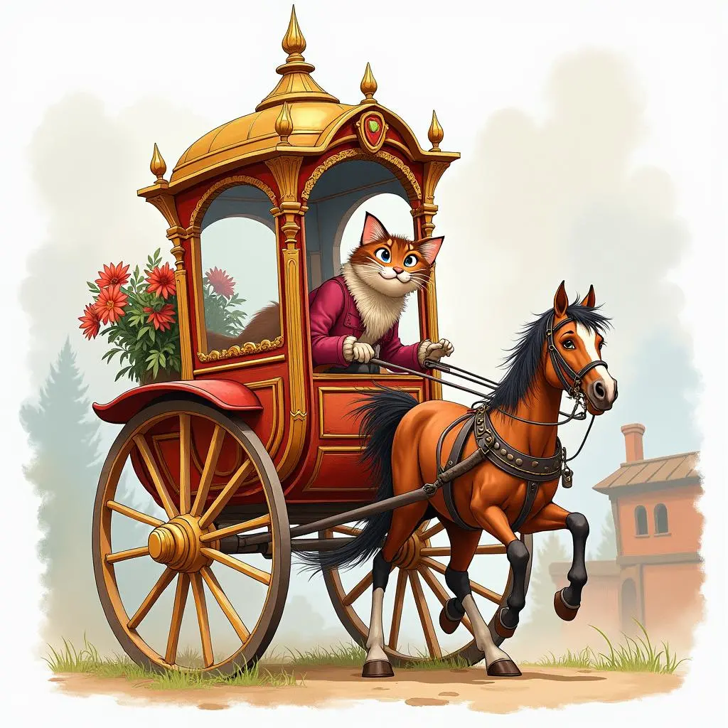 猫和主人站在华丽的马车前