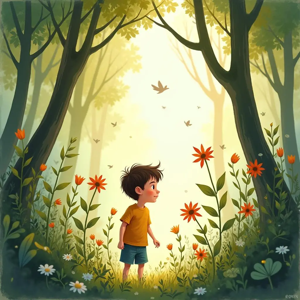 小男孩在森林中探索