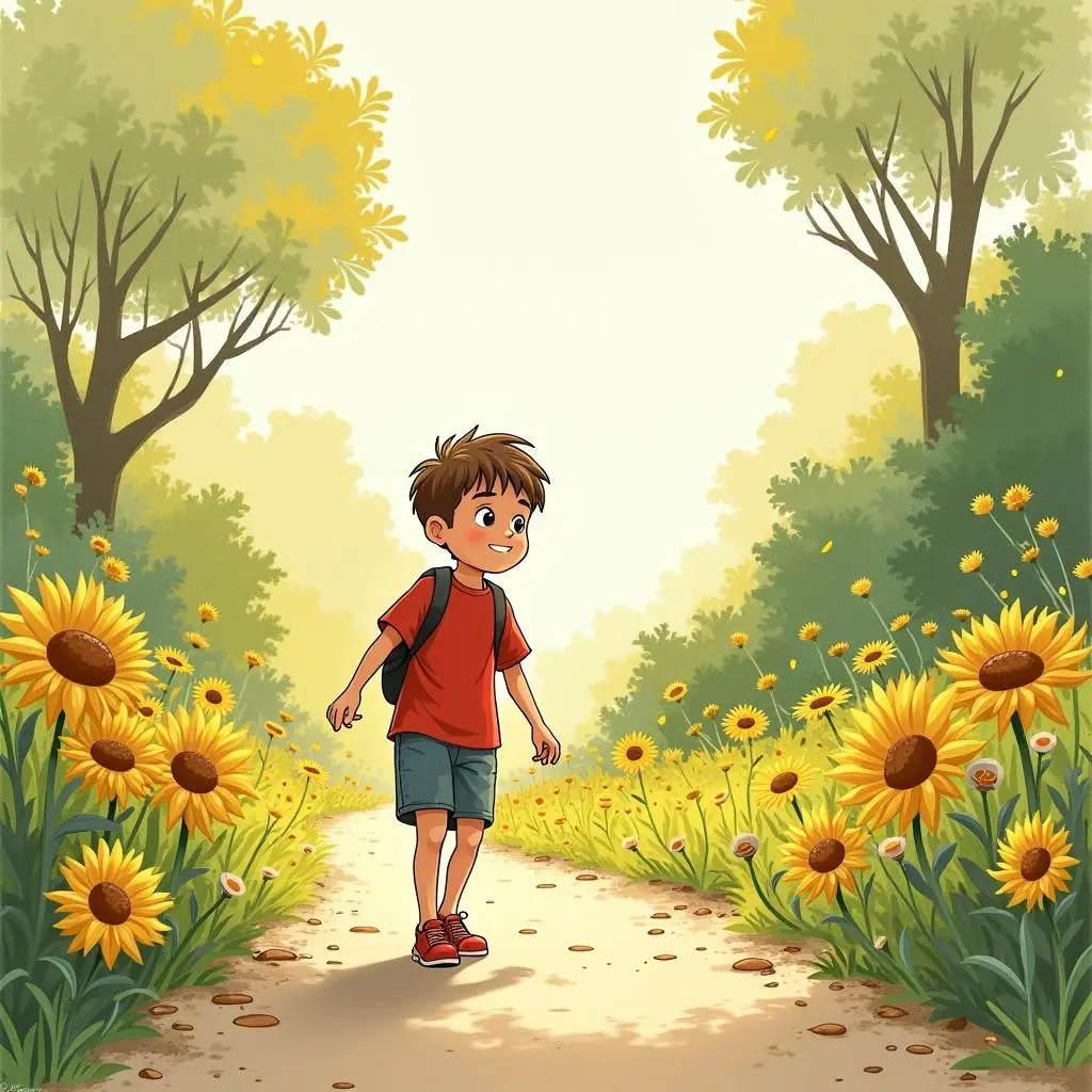 小男孩过了河继续前行