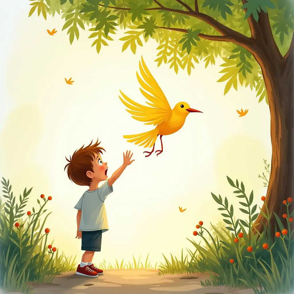 小男孩看到金色鸟的影子