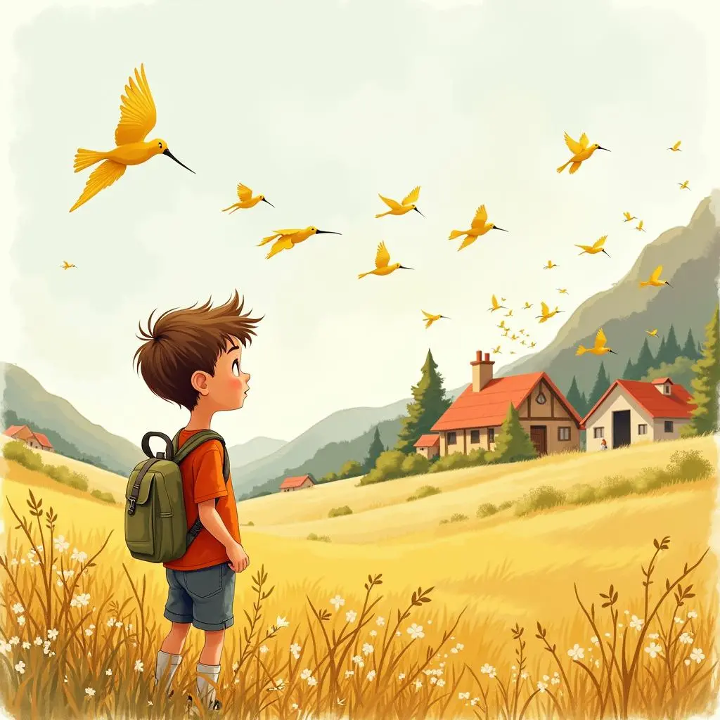 小男孩带着收获回家